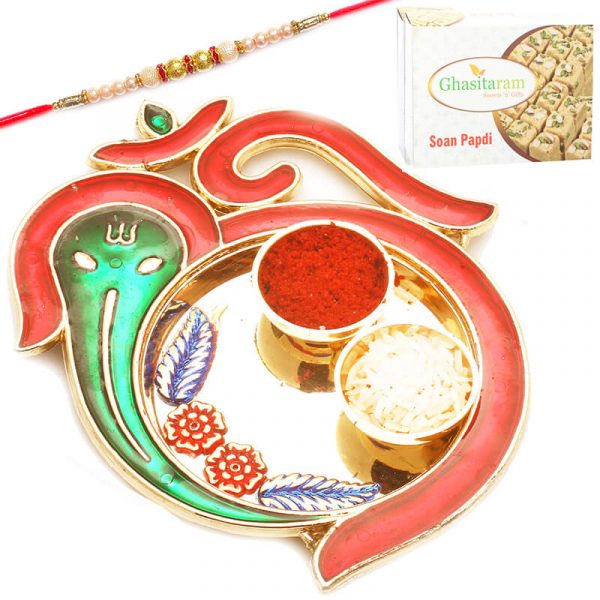 Om Ganesha Rakhi Pooja Thali with Rudraksh Rakhi and Soan Papdi