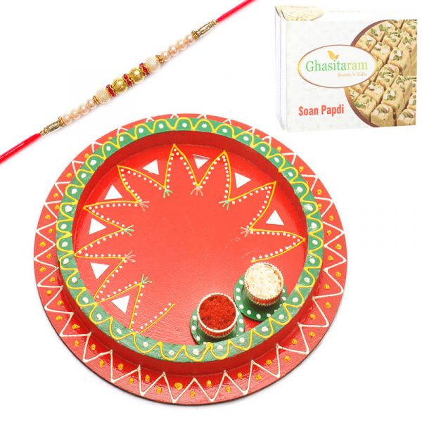 Rakhi Thali with Pearl Rakhi and Soan Papdi