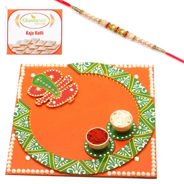 Siddhi Vinayak Pooja Thali with Pearl Rakhi and Kaju katli