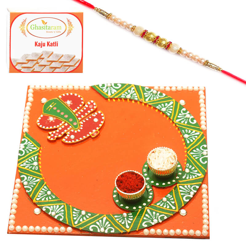 Siddhi Vinayak Pooja Thali with Pearl Rakhi and Kaju katli