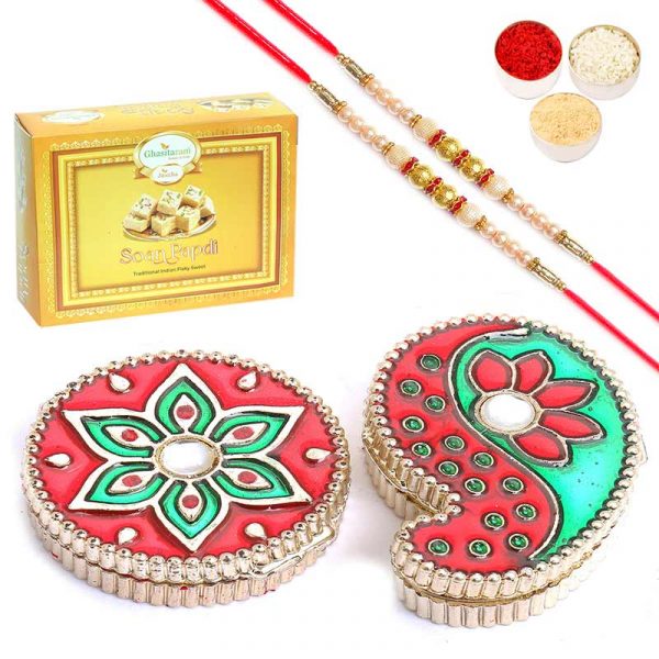 Set of 2 Mina Roli Chawal Box with 2 Pearl Rakhis With Soan Papdi