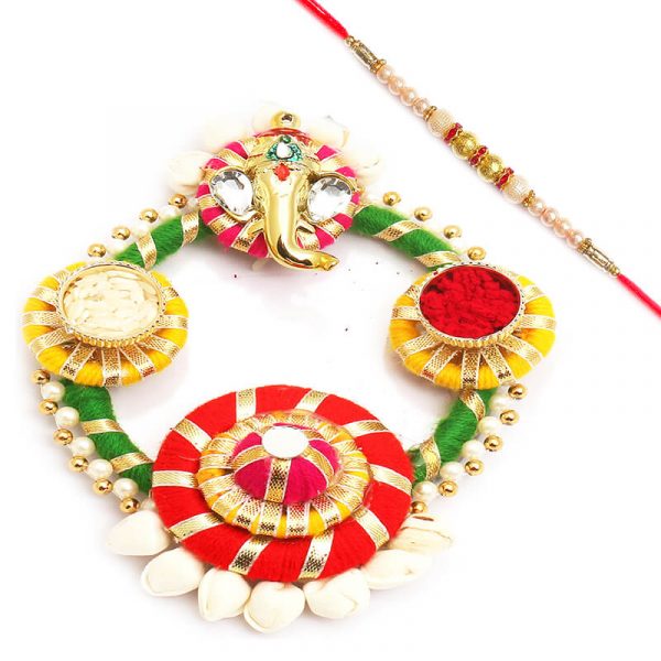 Colourful Acrylic Pooja Thali with Rudraksh Rakhi