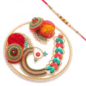 Designer Acrylic Pooja Thali with Pearl Rakhi