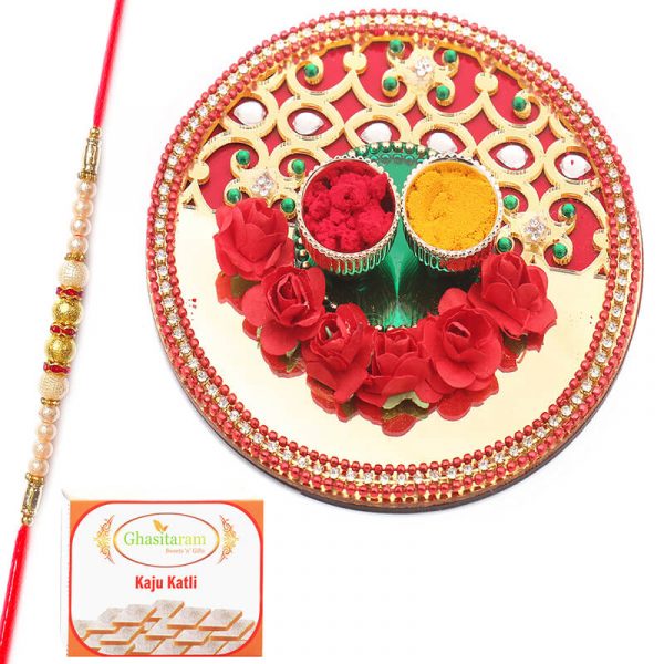 Red Lazer Rose Pooja Thali with Pearl Rakhi and Kaju katli