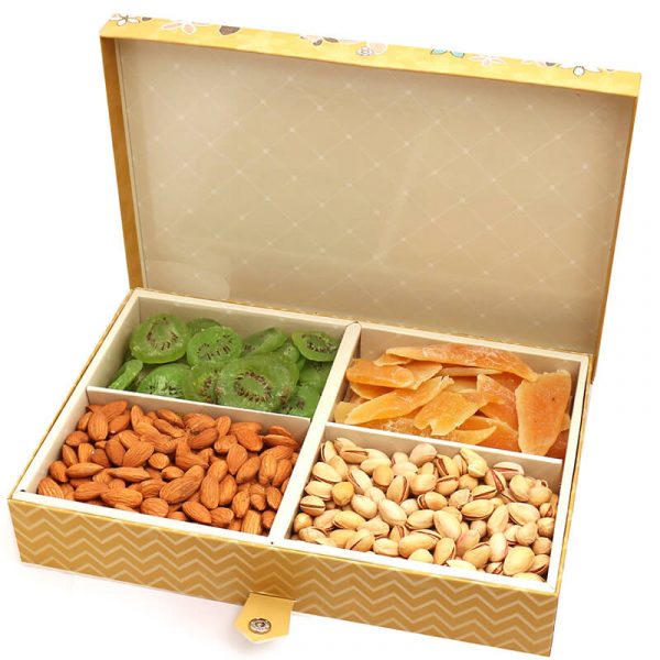 Gold 4 Print Assorted Dryfruit Box with Pearl Rakhi
