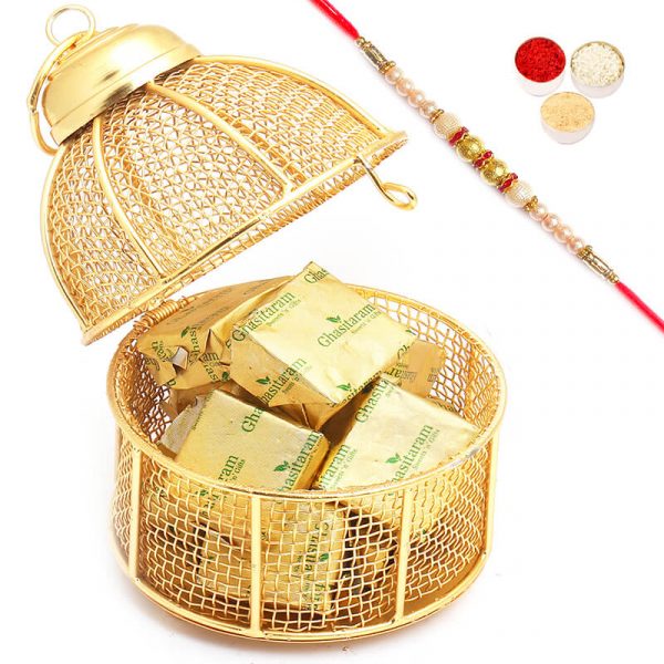 Golden Cage with Chocolates with Pearl Rakhi