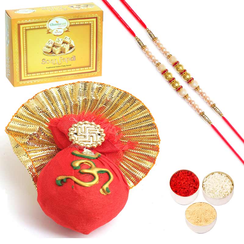 Om Nariyal with 2 Pearl Rakhis With Soan Papdi