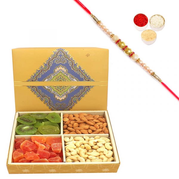 4 Part Assorted Dryfruits SQ box with Pearl Rakhi