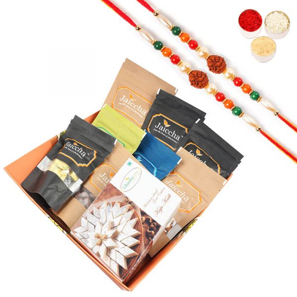 Big basket of best 9 Food Items With 2 Rudraksh rakhis