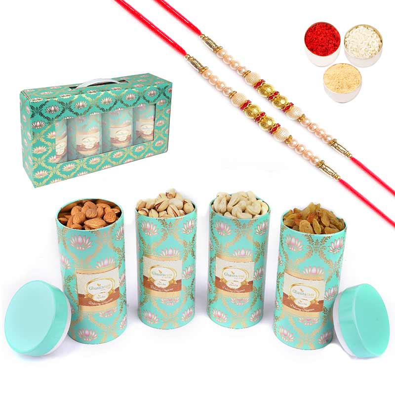 Lotus Box 4 dryfruits Tin Jars with 2 Pearl Rakhis