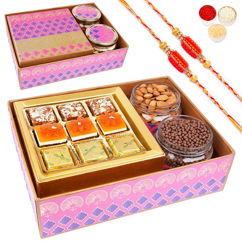 Pink Green Box of Assorted bites, Almonds and Rice Crispies with 2 Beads Rakhis