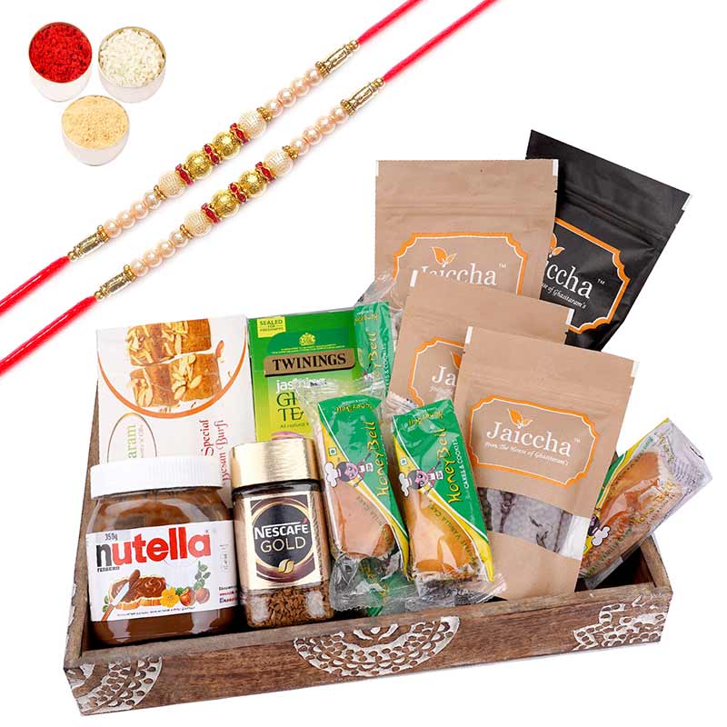 Wooden Tray Hamper with Besan Barfi with 2 Pearl Rakhis