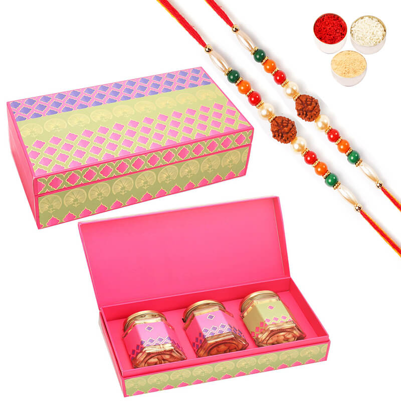 Pink Green Almonds, Chocolates and Nutties 3 Jars Box With 2 Rudraksh rakhis