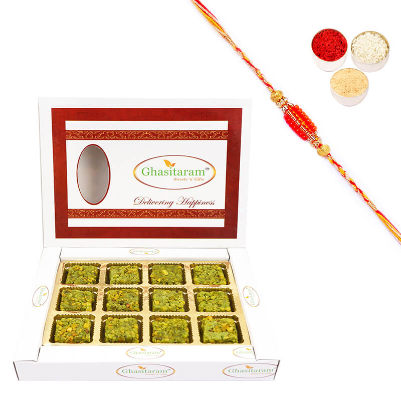 Pure Pista Barfi 12 pcs with Beads Rakhi