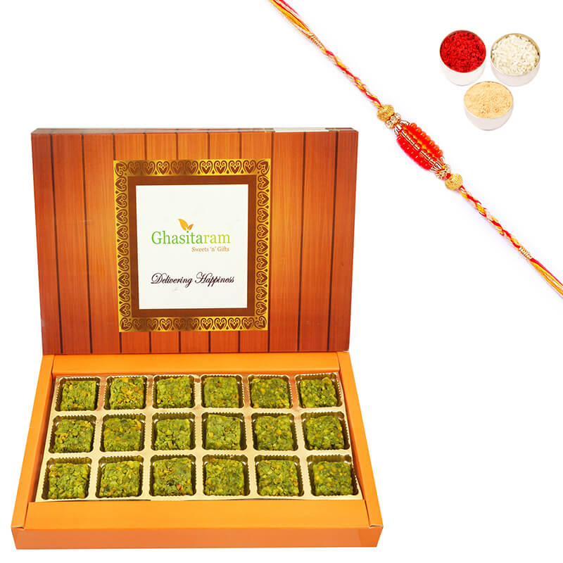 Pure Pista Barfi 18 pcs with Beads Rakhi