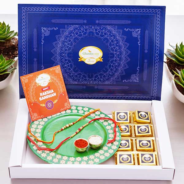 Metal Pooja Thali and Mewa Bites with 2 Rakhis