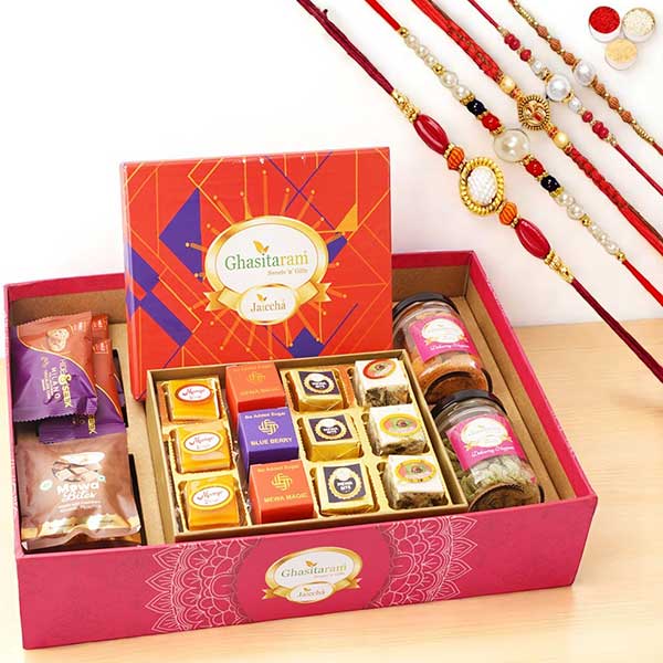 Big Hamper Tray with Best Bites, Cashew, Flavour Raisins, Mewa Bites and Cookies with 5 Rakhis