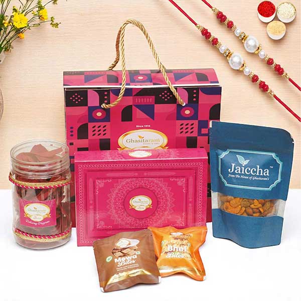 Bag Gift Box with Milk Cake, Namkeen, Dryfruit and 2 Rakhis