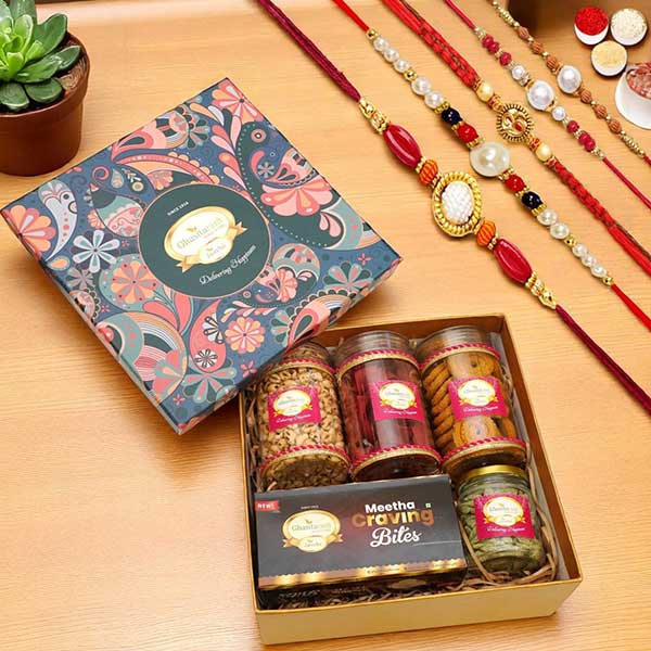 Rakhi Big Hamper Box of Sweets or Bites, Namkeen and Dryfruit with 5 Rakhis