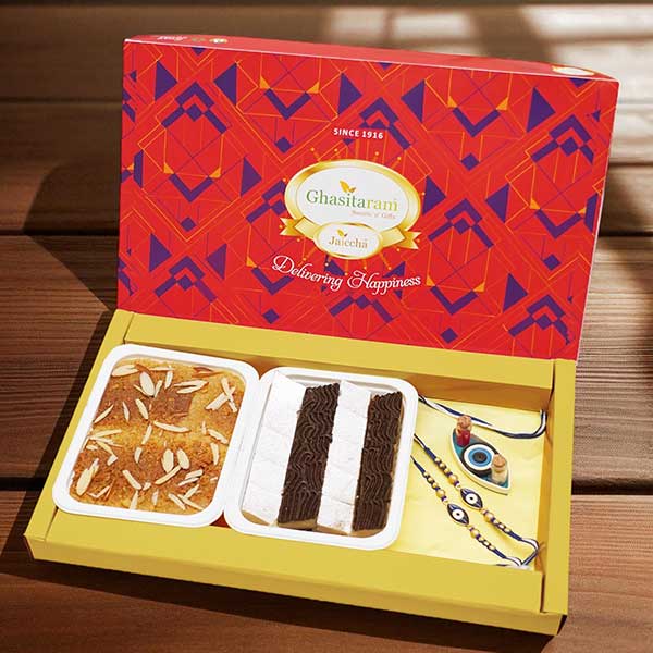 Gift Box with Mini Kaju Katlis, Milk Cake and Evil Eye Rakhis
