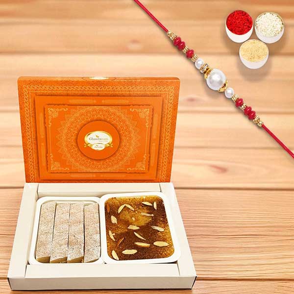 Pure Kaju Katlis and Milk Cake Box with Rakhi