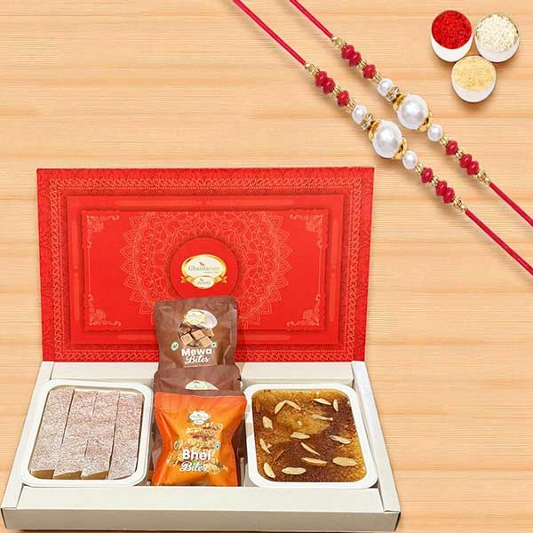 Pure Kaju Katlis, Milk Cake and Bites box with 2 Rakhis