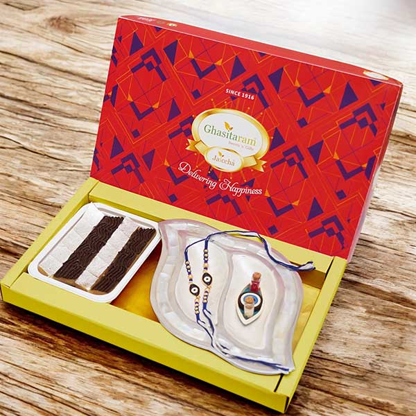 Gift Box with Mini Kaju Katlis, Pooja Thali and Evil Eye Rakhis