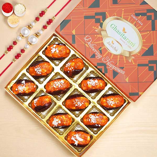 Orange Stuffed Dates 12 pcs Box with 2 Rakhis