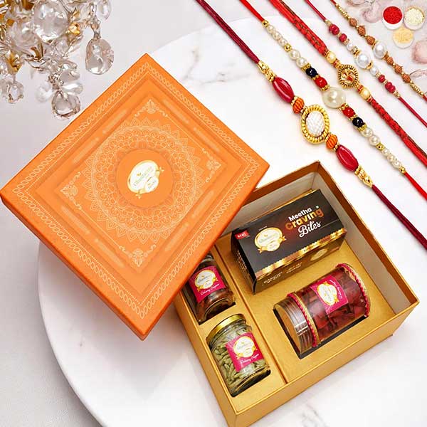 Orange Hamper Box of Sweets Bites, Namkeen and Dryfruit with 5 Rakhis