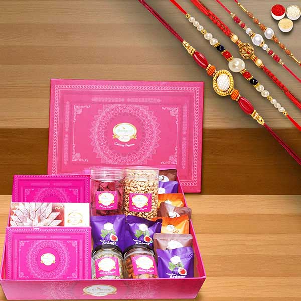 Big Pink Hamper box of 17 Goodies with 5 rakhis