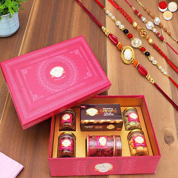 Big Pink Hamper Box of Sweets / Bites, Namkeen and Dryfruit with 5 Rakhis