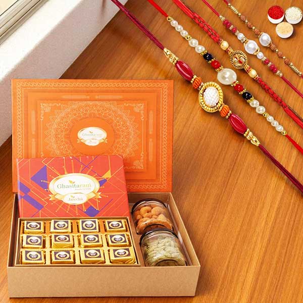 Orange Hamper Box of Mewa Bites, Cashew and Flavour Raisins Jars with 5 Rakhis