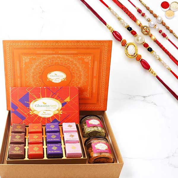 Hamper Of Sugarfree Mewa Bites, Cashew and Flavour Raisins Jar with 5 Rakhis