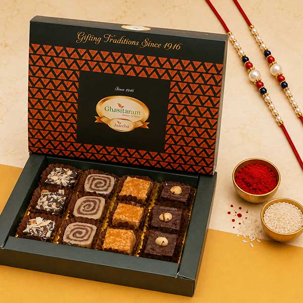 Assorted Box of Indian Fusion Sweets 12 pcs with 2 Rakhis