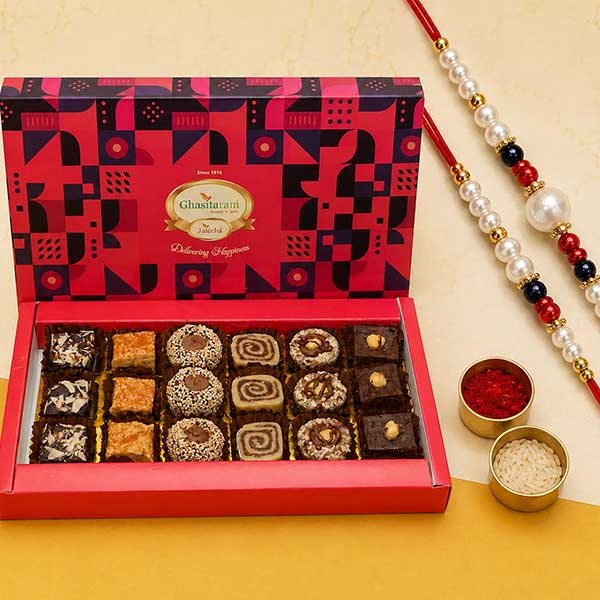 Assorted box of Indian Fusion Sweets 18 pcs with 2 Rakhis
