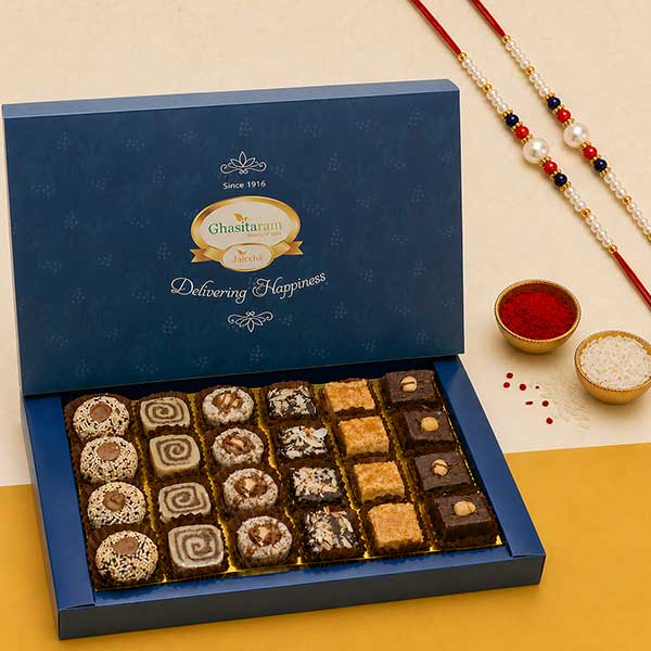 Assorted Box of Indian Fusion Sweets 24 pcs with 2 Rakhis