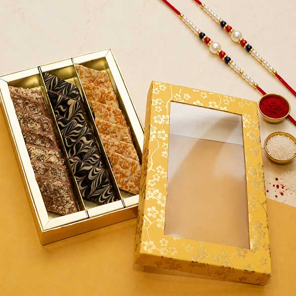 Hazelnut Katli, Caramel Katlis, Chocolate Kaju Katlis Fusion Sweets Box with 2 Rakhis