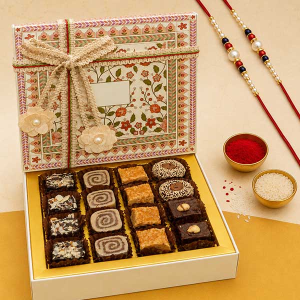 White Gift box of Indian Fusion Sweets 16 pcs with 2 Rakhis