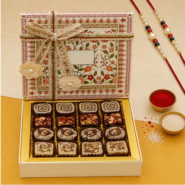 White Gift box of Best Assorted Sweets with 2 Rakhis