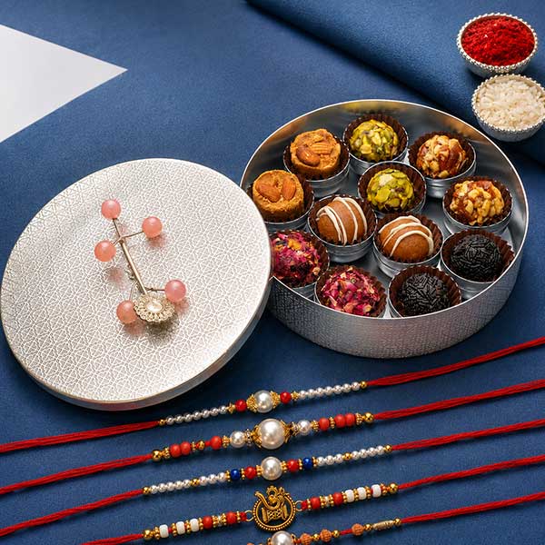 Silver Round Box of 12 sweets With 5 Thread Rakhis