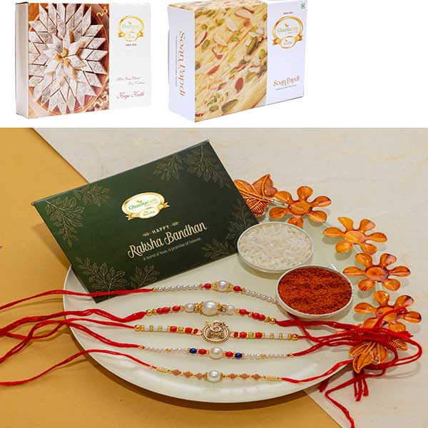 Rakhi Pooja Thali with 5 Rakhis with Kaju Katli and Soan Papdi