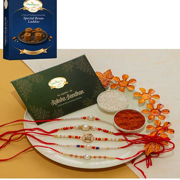 White Pooja Thali with 5 Rakhis with Besan Laddoo