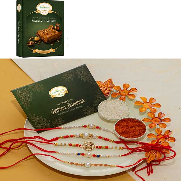 White Pooja Thali with 5 Rakhis with Milk Cake