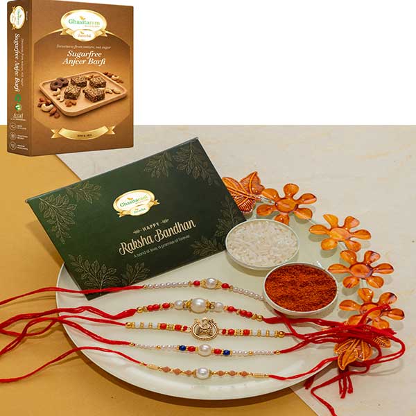 White Rakhi Thali with 5 Rakhis and Sugarfree Anjeer Barfi