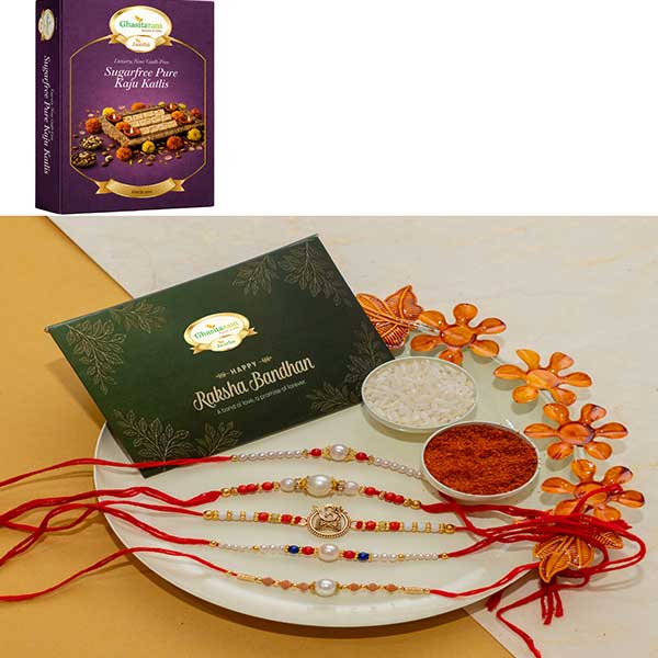 White Pooja thali with 5 Rakhis and Sugarfree Kaju Katli