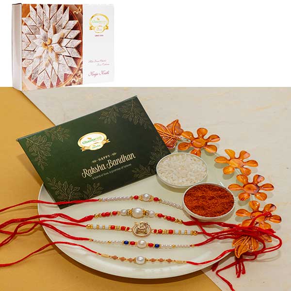 White Pooja Thali with 5 Rakhis with 400 gms Kaju Katli