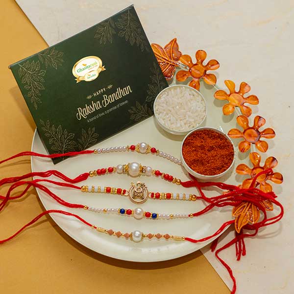 White Pooja Thali with 5 Rakhis