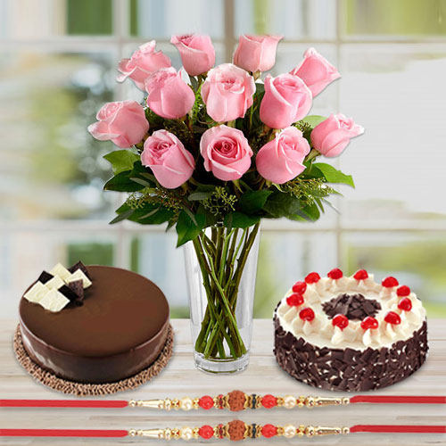 2 Cakes 2 Rakhi with Flower Express Delivery