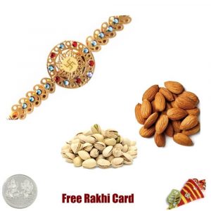 24 Ct. Gold Plated Rakhi with 450 Gm Almonds and Pistachios