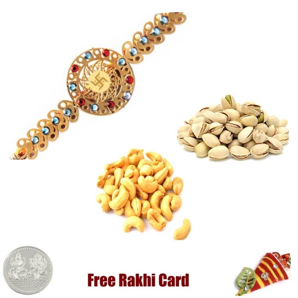 24 Ct. Gold Plated Rakhi with 450 Gm Pistachios and Cashew